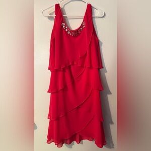 SLNY Pink Asymmetrical Dress with Embellished Neckline with shaw